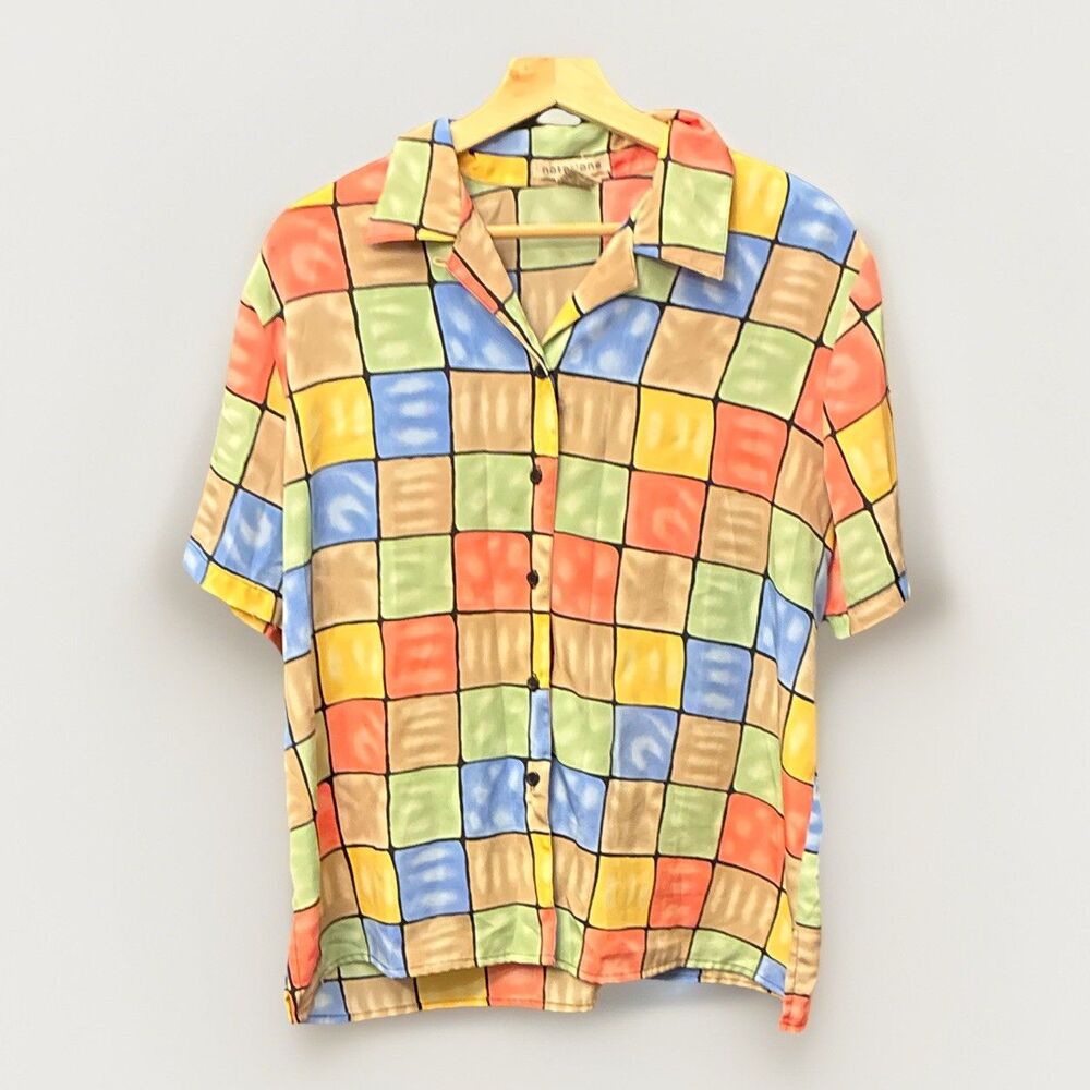 Vintage Pastel Block Colorful All Over Bricks Button Notations  VTG 90’s